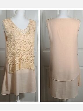 NWT A'reve Sleeveless Light Peach Top Cream Floral Crocheted Overlay & Fringe
